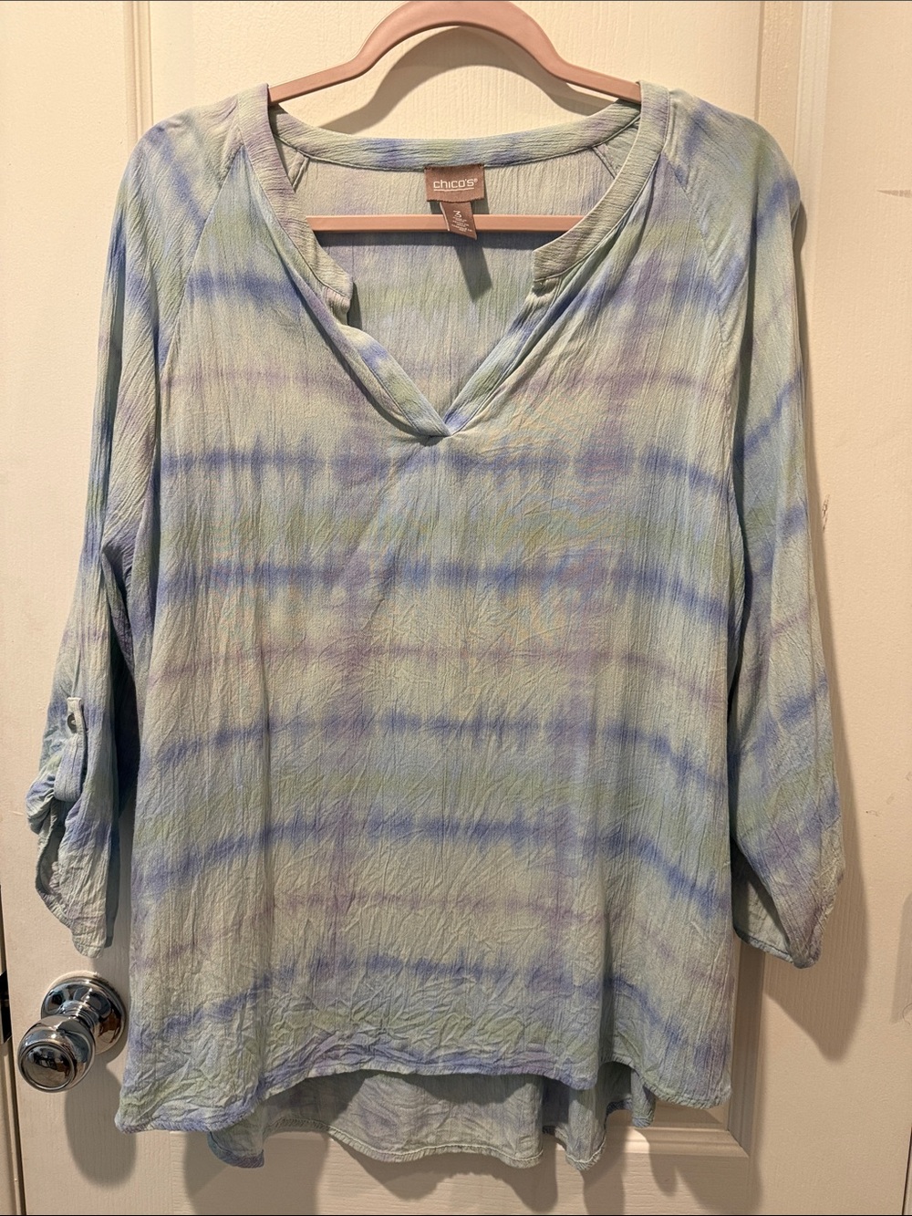 Chico's Green and Blue Tie-Dye V-Neck Tunic